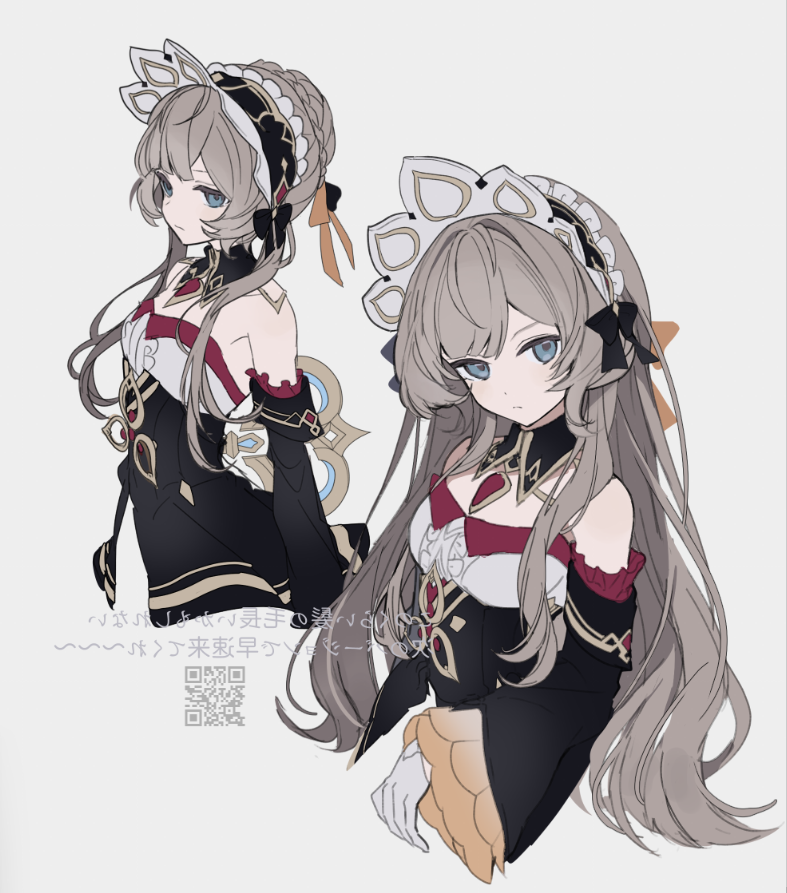 merry-san, sandrone (genshin impact), genshin impact, translation request, 1girl, black dress, black hairband, blue eyes, detached collar, detached sleeves, dress, gloves, grey background, grey gloves, grey hair, hairband, long hair, long sleeves, looking at viewer, multiple views, qr code, simple background, strapless, strapless dress, two-tone dress, very long hair, white dress