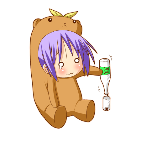 minami (colorful palette), bear tsukasa, capybara-san, hiiragi tsukasa, lucky star, lowres, 00s, 1girl, :3, animal costume, bear costume, bottle, chibi, female focus, glass, o o, purple hair, short hair, simple background, sitting, solo, teardrop