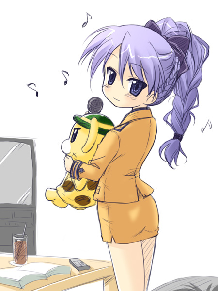 masakichi (crossroad), bonta-kun, hiiragi kagami, teletha testarossa, full metal panic!, lucky star, 1girl, alternate hairstyle, ass, braid, cosplay, crossover, female focus, orange shirt, parody, pencil skirt, shirt, skirt, solo, teletha testarossa (cosplay)