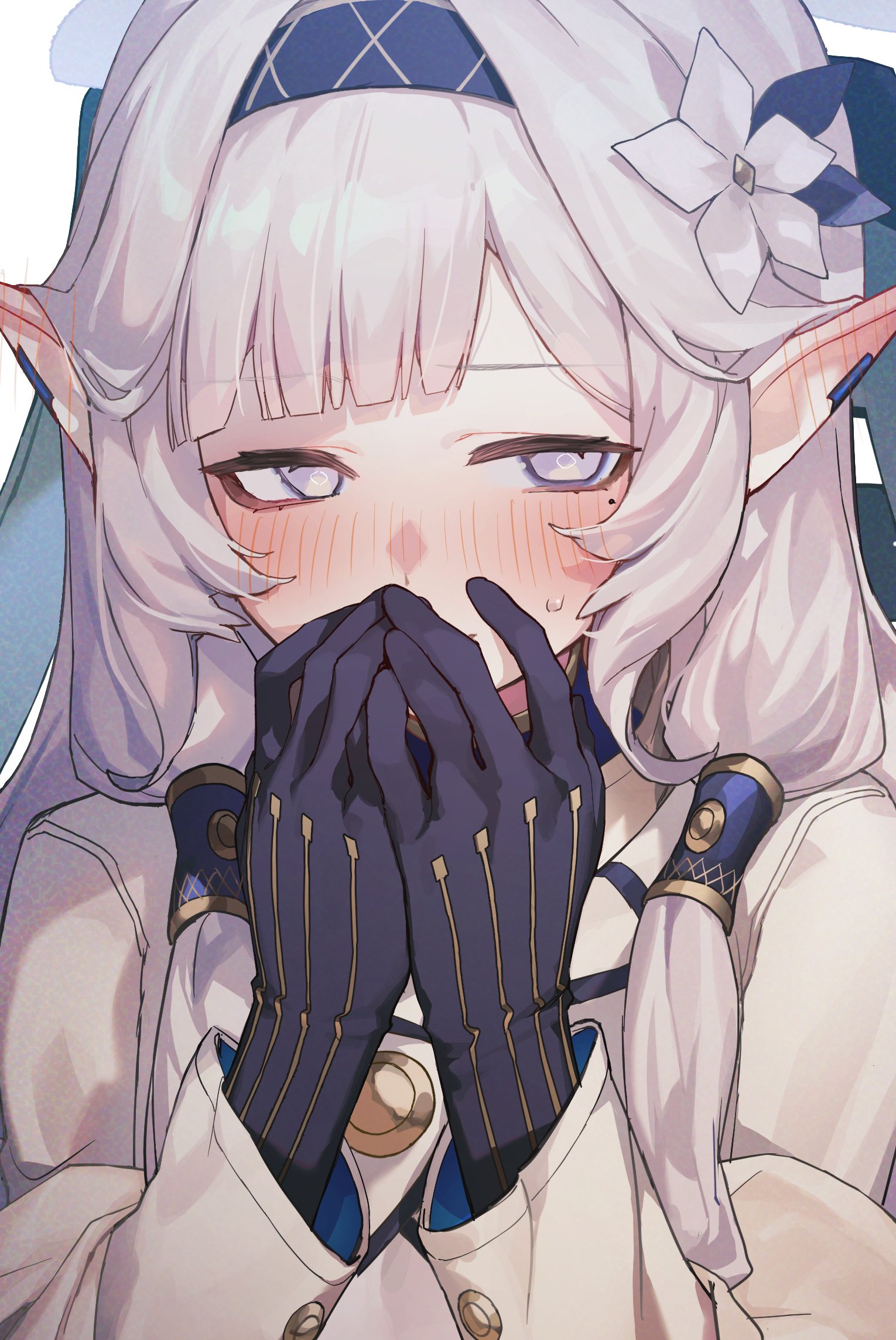 mia cbx, himari (blue archive), blue archive, highres, 1girl, black gloves, blue hairband, blush, covering own mouth, ear blush, earclip, flower, gloves, hair flower, hair ornament, hair tubes, hairband, hands up, jacket, long hair, low twintails, mole, mole under eye, pointy ears, portrait, purple eyes, solo, twintails, white flower, white hair, white jacket