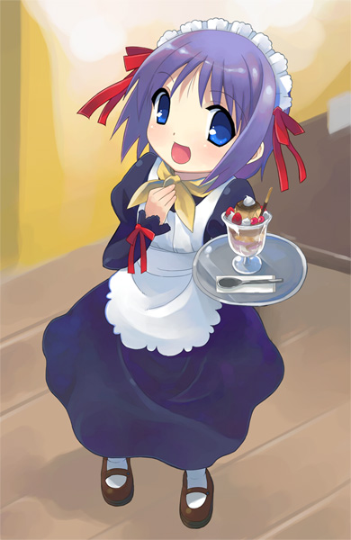 otoutogimi, hiiragi tsukasa, lucky star, 00s, 1girl, alternate costume, brown shoes, enmaided, female focus, food, from above, full body, indoors, maid, parfait, shoes, solo, standing, waitress