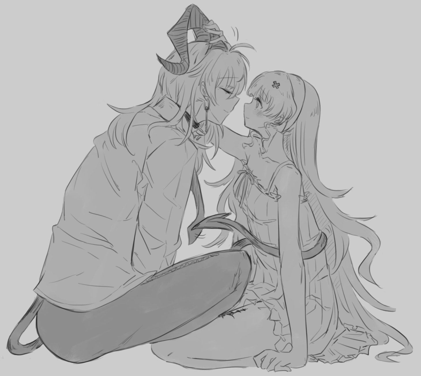 aoi (aoisaka), phoebe (wuthering waves), zani (wuthering waves), wuthering waves, commentary, english commentary, highres, 2girls, alternate costume, bare shoulders, breasts, choker, closed eyes, closed mouth, collarbone, curled horns, demon tail, dress, earrings, greyscale, hair ornament, horns, jewelry, key earrings, long hair, monochrome, multiple girls, pants, seiza, shirt, sitting, small breasts, smile, tacet mark (wuthering waves), tail, tail wrap, untucked shirt, x hair ornament
