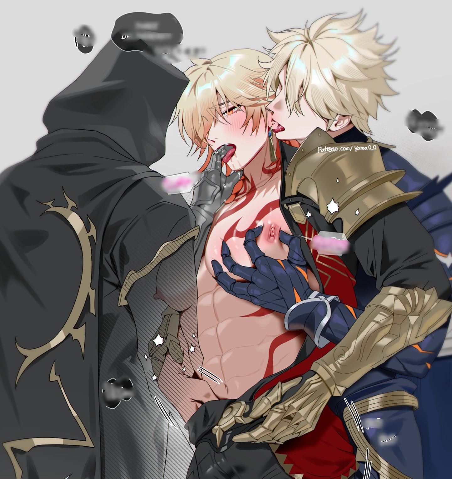 yoma 0 0, flame reaver of the deepest dark, mydei (honkai: star rail), phainon (honkai: star rail), phainon (khaslana) (honkai: star rail), honkai: star rail, honkai (series), highres, 3boys, abs, arm tattoo, armlet, armor, black cloak, black coat, black pants, blonde hair, blush, braid, chest tattoo, clawed gauntlets, cloak, coat, ear licking, earrings, facial tattoo, finger in another's mouth, gold earrings, gold necklace, grabbing from behind, gradient hair, groping, hair between eyes, hood, hood up, hooded cloak, jewelry, licking, male focus, medium hair, multicolored hair, multiple boys, necklace, open clothes, open coat, pants, patreon username, pauldrons, pectoral grab, red hair, red tattoo, shoulder armor, side braid, single pauldron, tattoo, toned, toned male, yaoi, yellow eyes