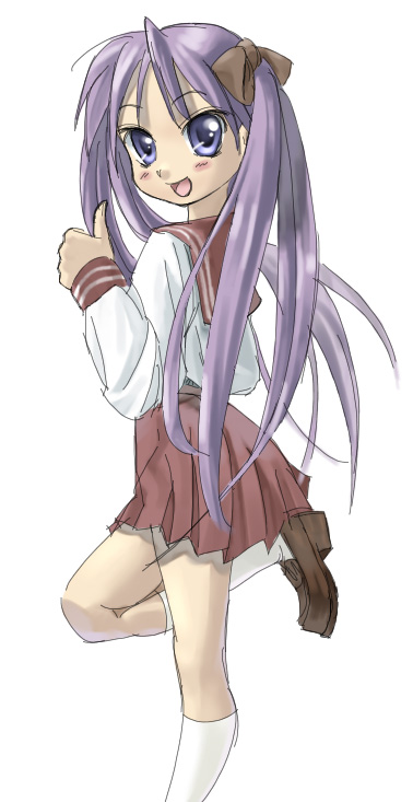 you2, hiiragi kagami, lucky star, eyebrows, 00s, 1girl, blue eyes, blush, female focus, kneehighs, leg up, long hair, long sleeves, looking at viewer, open mouth, purple hair, red skirt, school uniform, serafuku, shoes, simple background, skirt, smile, socks, solo, thumbs up, twintails, white background, white socks