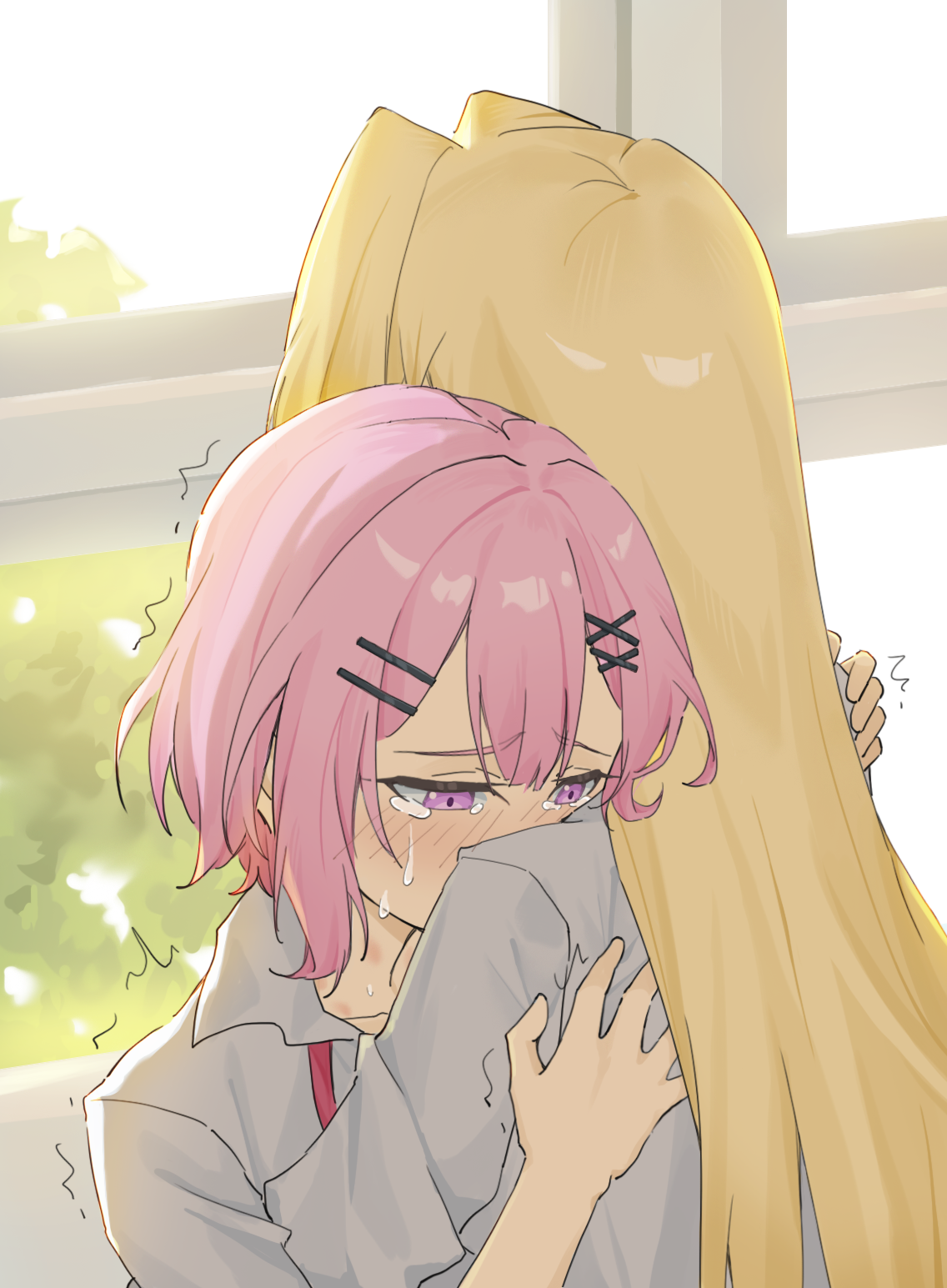 ns68914ly0019, amaori renako, ouzuka mai, watashi ga koibito ni nareru wake naijan murimuri!, chinese commentary, commentary request, highres, 2girls, ashigaya high school uniform, blonde hair, braid, collared shirt, crying, crying with eyes open, hair between eyes, hair ornament, hairclip, hug, long hair, long sleeves, multiple girls, parallel hairclips, pink eyes, pink hair, school uniform, shirt, short hair, short sleeves, tears, trembling, white shirt, x hair ornament, yuri
