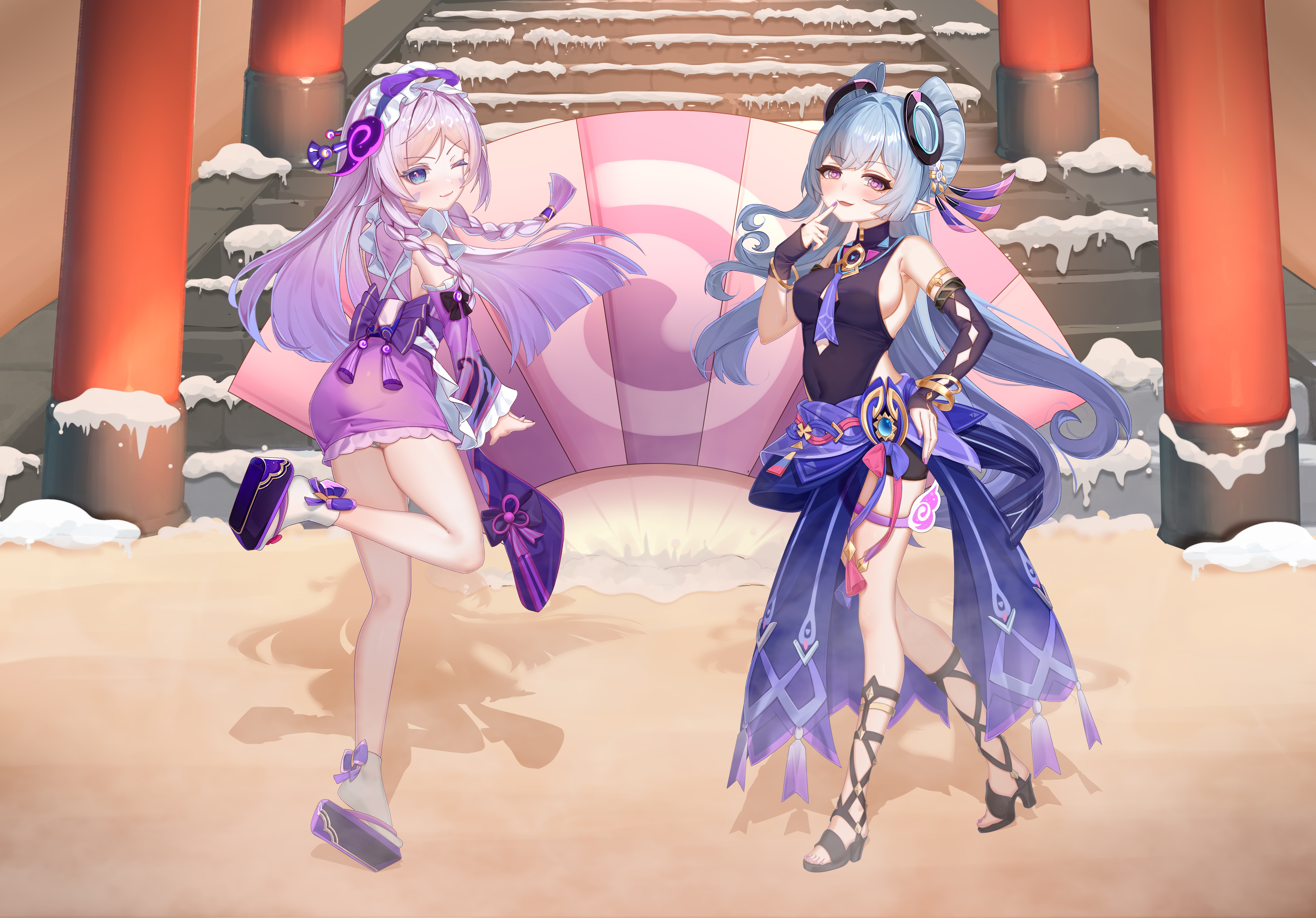 pou bao, citlali (genshin impact), yumemizuki mizuki, genshin impact, absurdres, commentary request, highres, 2girls, ;), asymmetrical gloves, black gloves, black leotard, black shoes, blue eyes, blue gemstone, blue hair, blush, braid, breasts, citlali (genshin impact) (cosplay), closed mouth, cosplay, costume switch, covered navel, detached sleeves, facial mark, finger to mouth, fingerless gloves, fingernails, floating headgear, foot up, full body, gem, gloves, hand on own hip, headgear, heattech leotard, high heels, large breasts, leotard, long hair, long sleeves, looking at viewer, multicolored hair, multiple girls, nail polish, nihongami, one eye closed, outdoors, parted lips, pink hair, pink pupils, pointy ears, purple eyes, purple hair, purple nails, purple sleeves, shoes, sideboob, single bare shoulder, sleeveless, smile, snow, socks, stairs, symbol-shaped pupils, tassel, triangle, triangle facial mark, turtleneck, twin braids, uneven gloves, very long hair, white socks, yumemizuki mizuki (cosplay)