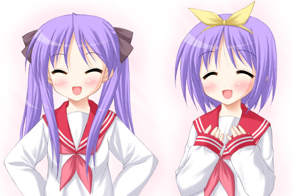 hiiragi kagami, hiiragi tsukasa, lucky star, tagme, 00s, 2girls, blush, closed eyes, hair ribbon, hairband, long hair, multiple girls, open mouth, purple hair, school uniform, serafuku, short hair, sisters, smile, tongue, twins, twintails