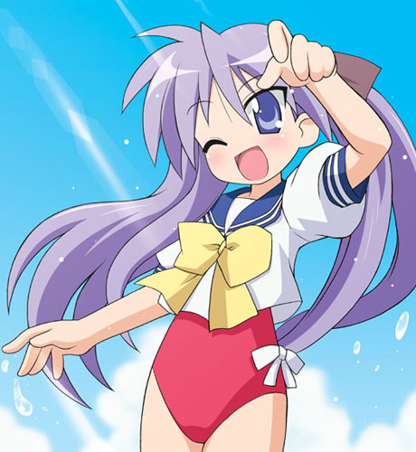 chirorian, hiiragi kagami, lucky star, lowres, 00s, :d, blue eyes, blush, casual one-piece swimsuit, light rays, no pants, one-piece swimsuit, one eye closed, open mouth, purple hair, school uniform, sea spray, serafuku, smile, solo, sunbeam, sunlight, swimsuit, swimsuit under clothes, wink