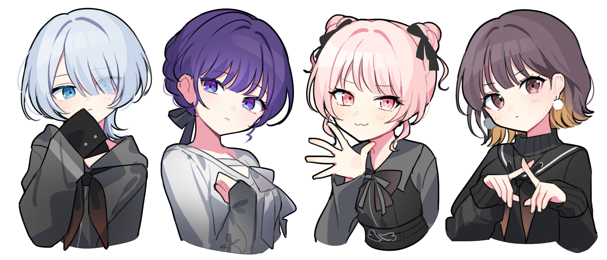 waka (wk4444), akiyama mizuki, asahina mafuyu, shinonome ena, project sekai, character request, commentary request, highres, 1other, 3girls, :3, black neckerchief, black sweater, blue eyes, blue hair, blunt bangs, blush, bow, bowtie, brown bow, brown bowtie, brown eyes, brown hair, closed mouth, cropped torso, grey hoodie, grey shirt, hair over one eye, hand up, hood, hood down, hoodie, long sleeves, looking at viewer, multiple girls, neckerchief, pink eyes, pink hair, purple eyes, purple hair, shirt, short hair, simple background, sleeves past fingers, sleeves past wrists, smile, sweater, white background, x fingers