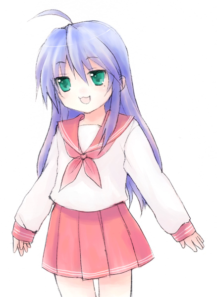 usashiro mani, izumi konata, lucky star, 00s, 1girl, :d, ahoge, blue hair, female focus, green eyes, long hair, long sleeves, mole, mole under eye, neckerchief, open mouth, pink neckerchief, pleated skirt, purple hair, red skirt, school uniform, serafuku, shirt, simple background, skirt, smile, solo, white background, white shirt