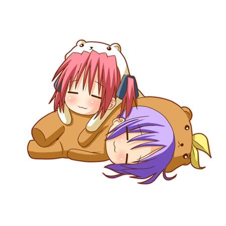 minami (colorful palette), bear tsukasa, bear yutaka, capybara-san, hiiragi tsukasa, kobayakawa yutaka, lucky star, lowres, 00s, 2girls, :3, animal costume, bear costume, chibi, chibi only, lying, multiple girls, on side, purple hair, red hair, short hair, simple background, sleeping