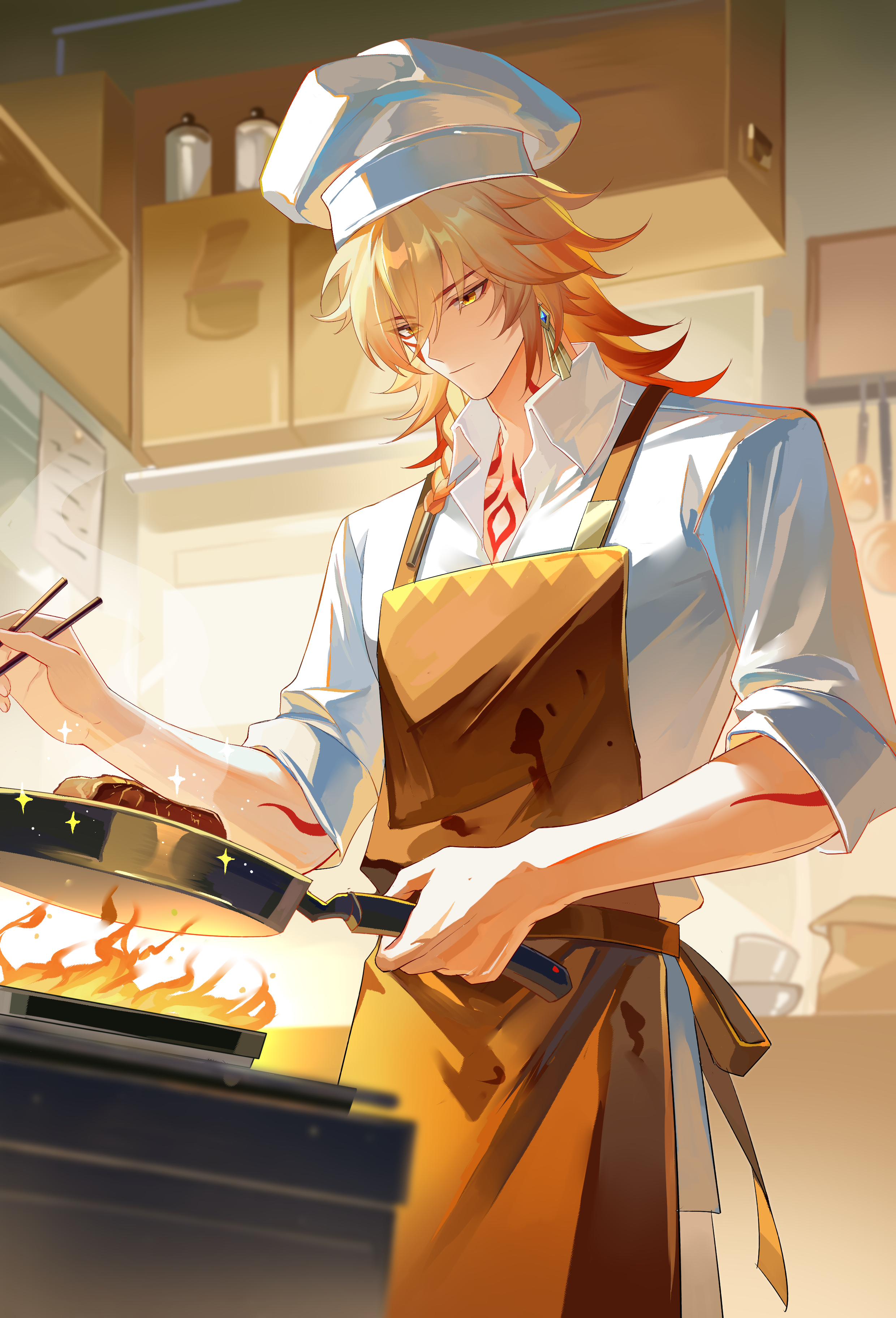 xuanjilingzhu, mydei (delicacies) (honkai: star rail), mydei (honkai: star rail), honkai: star rail, honkai (series), absurdres, chinese commentary, commentary request, highres, 1boy, apron, arm tattoo, blonde hair, braid, brown apron, chef, chef hat, chest tattoo, chopsticks, collared shirt, earrings, facial tattoo, frying pan, gold earrings, gradient hair, hair between eyes, hat, holding, holding chopsticks, holding frying pan, jewelry, male focus, medium hair, multicolored hair, red hair, red tattoo, shirt, side braid, sleeves rolled up, solo, tattoo, white shirt, yellow eyes
