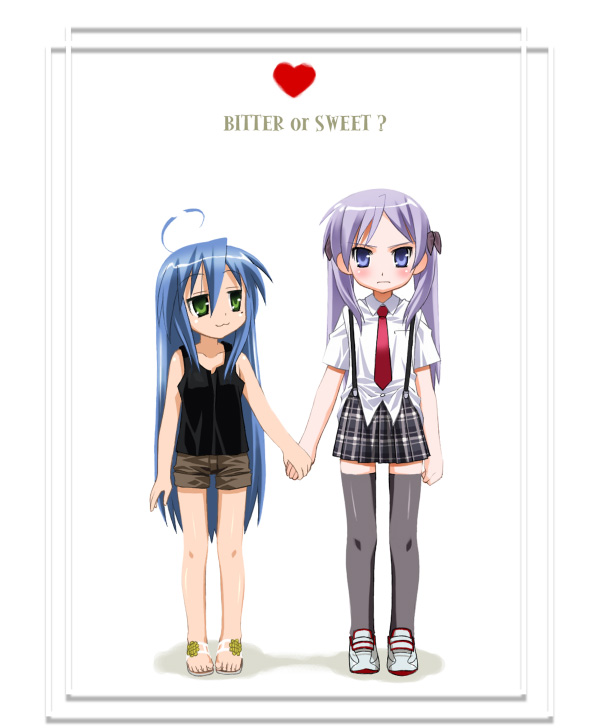 umekichi, hiiragi kagami, izumi konata, lucky star, 00s, 2girls, :3, blue eyes, blue hair, blush, green eyes, heart, holding hands, long hair, mole, mole under eye, multiple girls, necktie, purple hair, shorts, thighhighs, twintails, yuri, zettai ryouiki