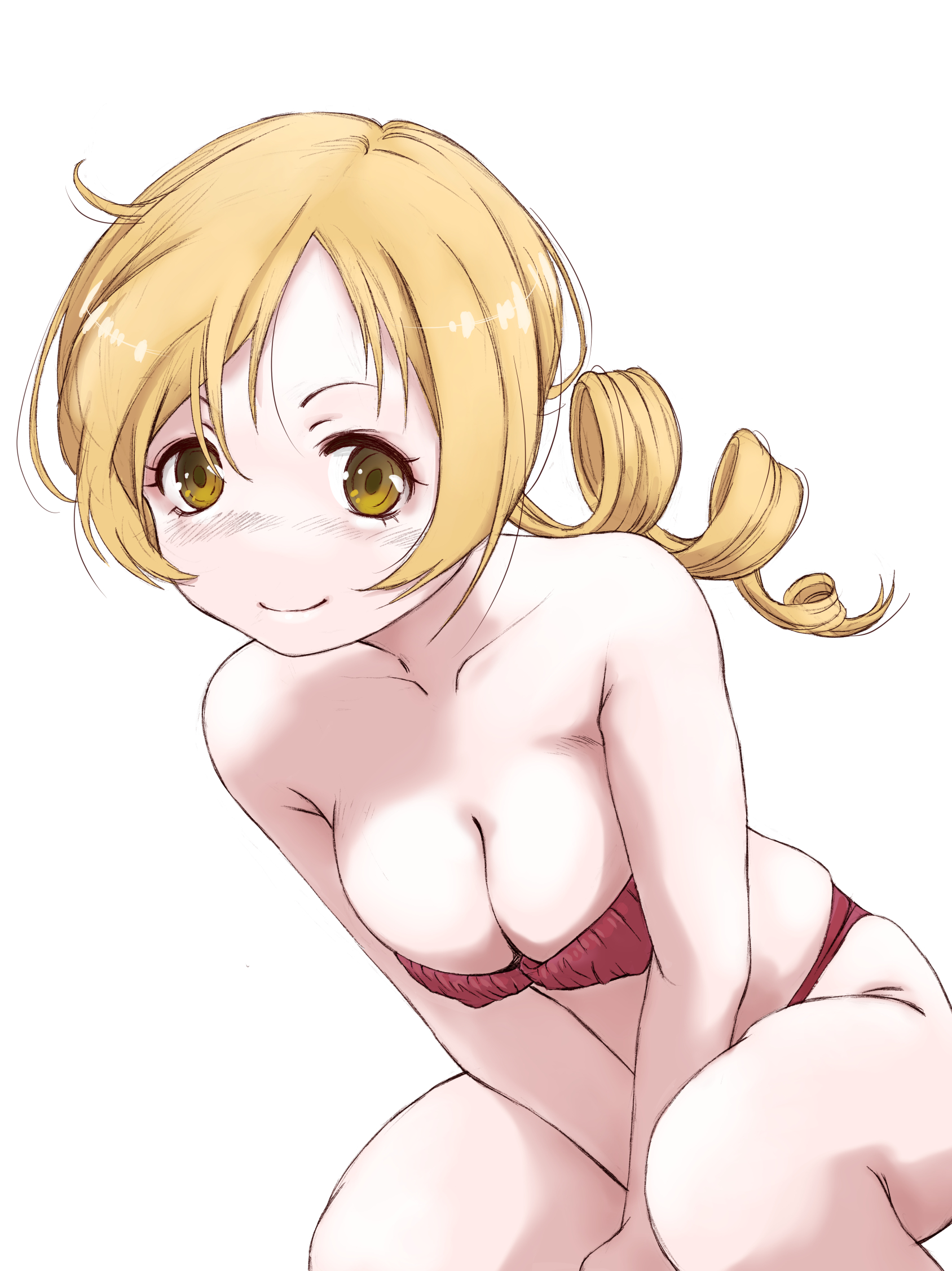 marutaya, tomoe mami, mahou shoujo madoka magica, mahou shoujo madoka magica (anime), commentary, highres, 1girl, arms between legs, blonde hair, bra, breasts, cleavage, closed mouth, collarbone, drill hair, long hair, looking at viewer, medium hair, panties, red bra, red panties, simple background, skindentation, solo, squatting, strapless, strapless bra, underwear, underwear only, white background, yellow eyes