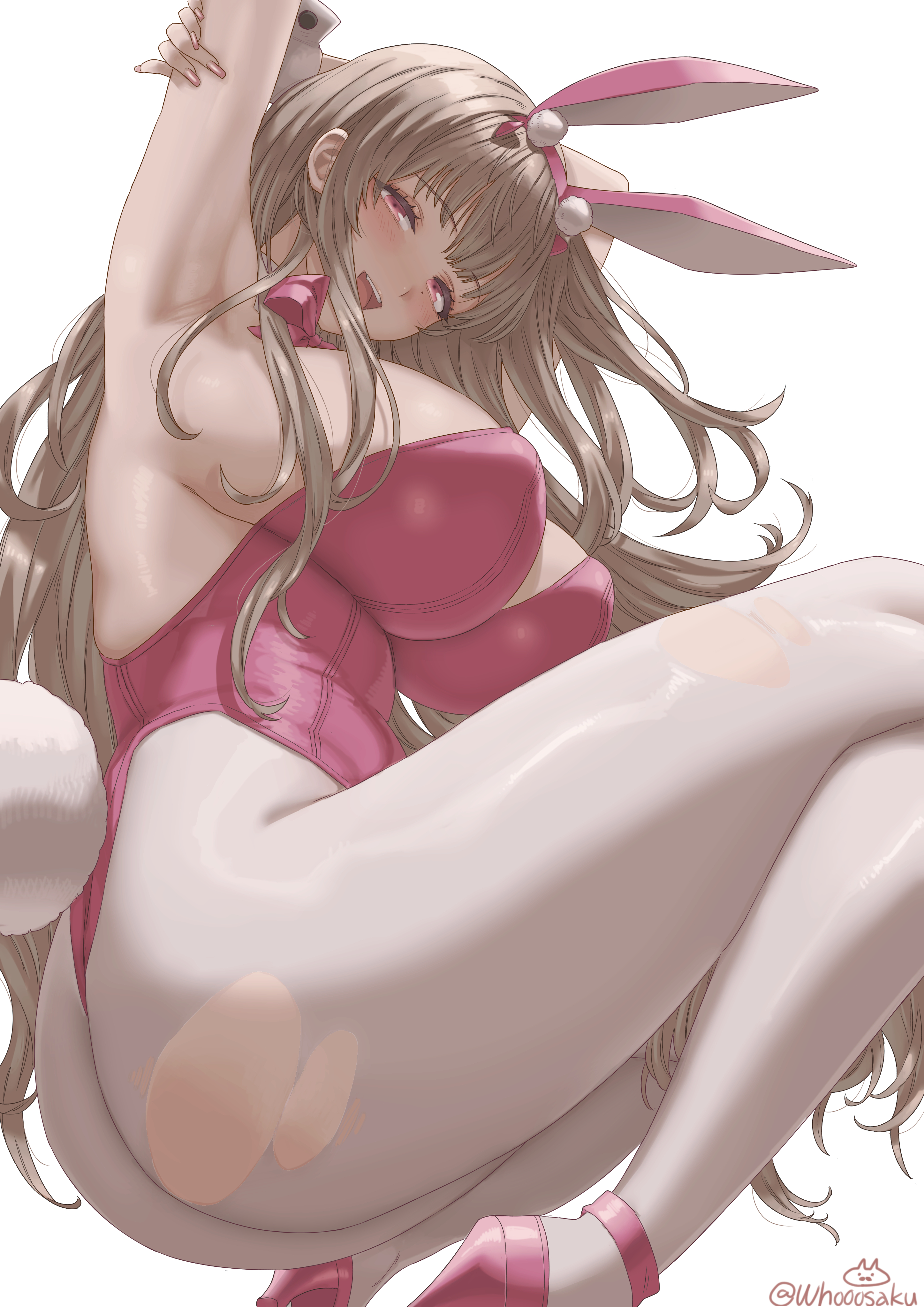 whoosaku, viper (nikke), viper (toxic rabbit) (nikke), goddess of victory: nikke, absurdres, commentary, highres, 1girl, animal ear hairband, animal ears, armpits, arms behind head, arms up, ass, blush, bow, bowtie, breasts, brown hair, detached collar, fake animal ears, fake tail, hairband, high heels, highleg, highleg leotard, horns, huge breasts, leotard, long hair, looking at viewer, mole, mole under eye, official alternate costume, open mouth, pantyhose, pink bow, pink bowtie, pink horns, pink leotard, pink shoes, playboy bunny, rabbit ear hairband, rabbit ears, rabbit tail, shoes, sideboob, smile, solo, strapless, strapless leotard, tail, teeth, thick thighs, thighs, torn clothes, torn pantyhose, upper teeth only, white pantyhose, white wrist cuffs, wrist cuffs