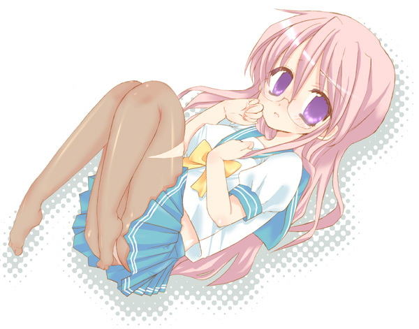 takara miyuki, lucky star, non-web source, 00s, 1girl, female focus, glasses, long hair, panties, panties under pantyhose, pantyhose, pantyshot, pink hair, purple eyes, school uniform, serafuku, solo, torn clothes, torn pantyhose, underwear