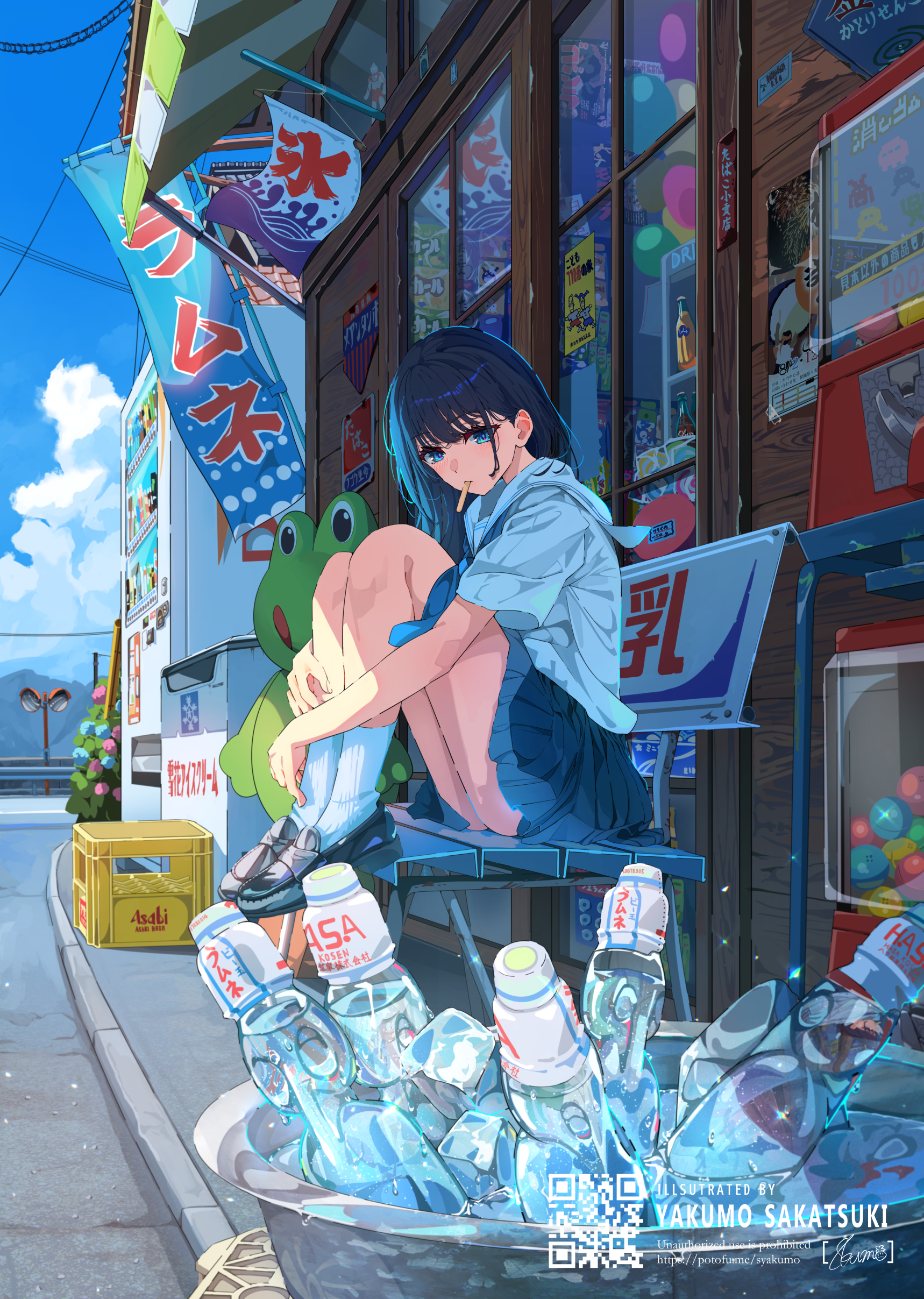 sakatsuki yakumo, original, absurdres, highres, 1girl, banner, bench, black hair, black shoes, blue eyes, blue skirt, blue sky, bottle, candy store, food, food in mouth, gashapon, knees up, looking at viewer, mountainous horizon, outdoors, pleated skirt, popsicle, popsicle in mouth, railing, ramune, sailor collar, school uniform, serafuku, shirt, shoes, shop, sitting, skirt, sky, socks, solo, summer, traffic mirror, vending machine, white sailor collar, white shirt, white socks