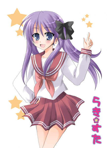 kokonogi kisara, hiiragi kagami, lucky star, 00s, 1girl, blush, female focus, hair ribbon, purple eyes, purple hair, ribbon, school uniform, serafuku, solo, twintails
