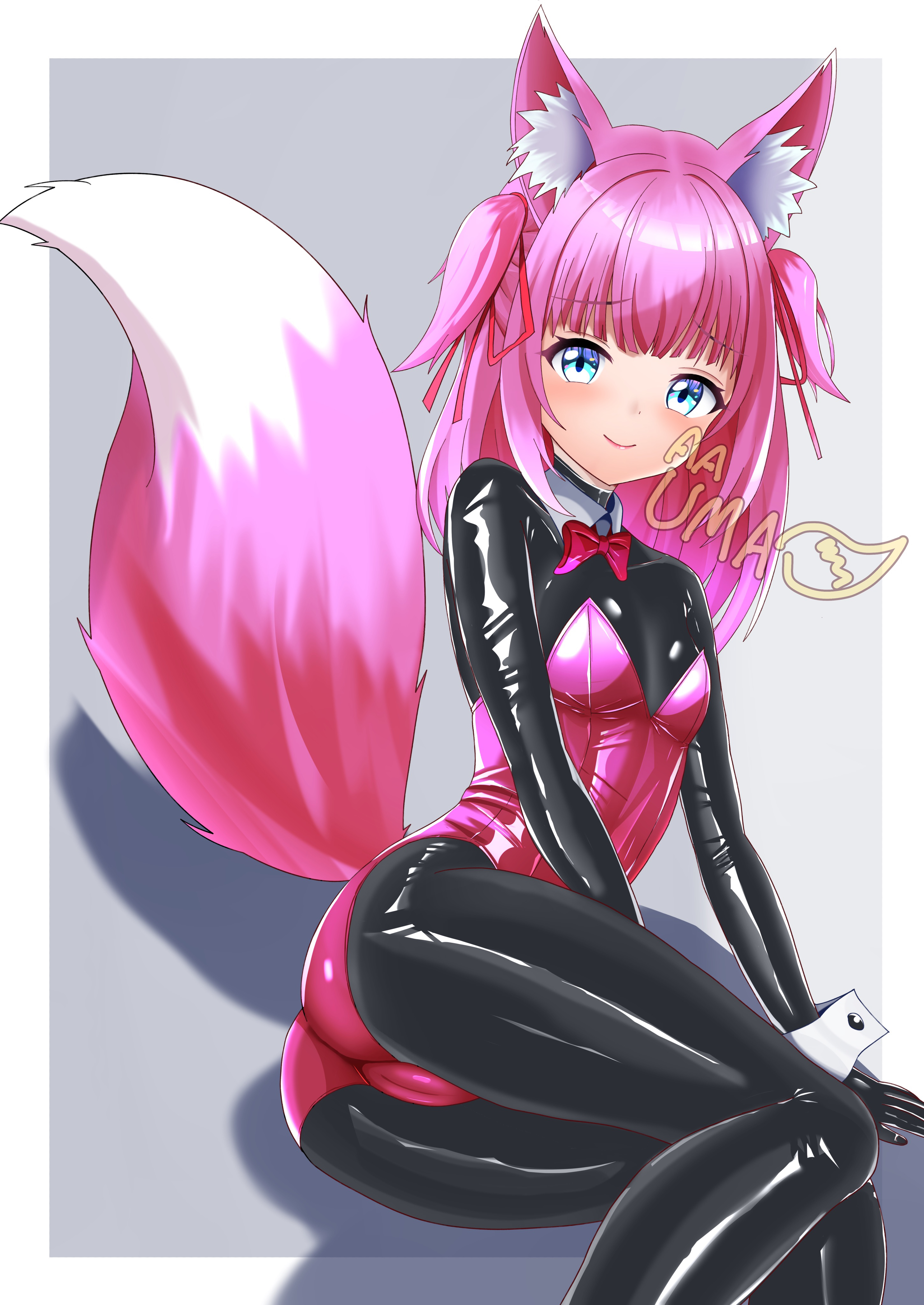 uma (uma mohumohu), original, absurdres, highres, 1girl, animal ear hairband, animal ears, blue eyes, bodysuit, bow, bowtie, breasts, bunny day, detached collar, fake animal ears, feet out of frame, fox ears, fox tail, grey background, hairband, latex, latex bodysuit, leotard, leotard over bodysuit, lying, nontraditional playboy bunny, on side, pink hair, pink leotard, red bow, red bowtie, sitting, small breasts, smile, solo, strapless, strapless leotard, tail, two side up, wrist cuffs, yokozuwari