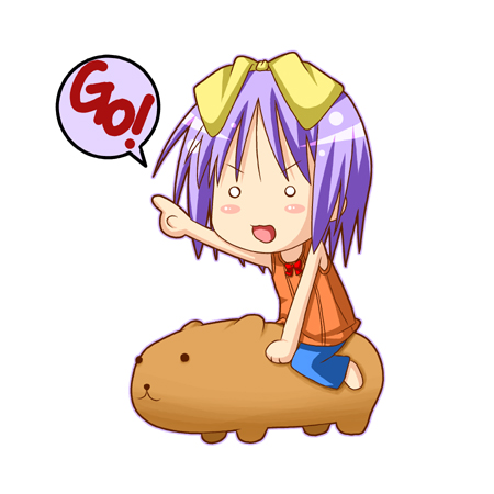 minami (colorful palette), capybara-san, hiiragi tsukasa, lucky star, lowres, >:3, 00s, 1girl, :3, capybara, chibi, female focus, hair ribbon, o o, purple hair, ribbon, short hair, solo, v-shaped eyebrows