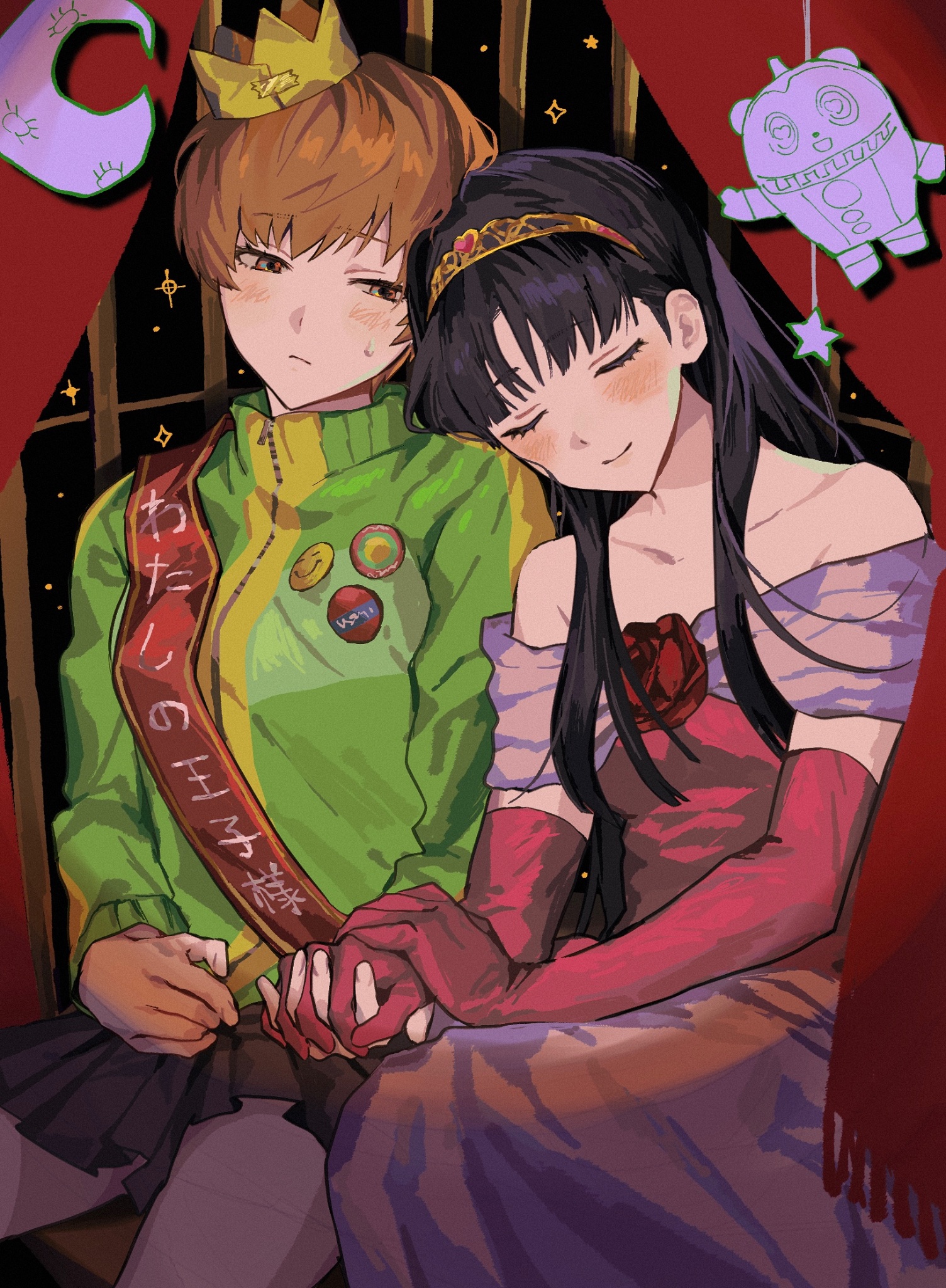ru ru rux, amagi yukiko, kuma (persona 4), satonaka chie, shadow yukiko, persona, persona 4, highres, 2girls, badge, bare shoulders, black hair, blush, brown hair, button badge, cardboard cutout, crown, curtains, dress, green jacket, holding hands, jacket, leaning on person, mini crown, multiple girls, off-shoulder dress, off shoulder, pink dress, pleated skirt, sash, skirt, smile, sweatdrop, tiara, track jacket, yuri