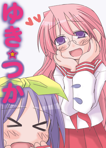 hiiragi tsukasa, takara miyuki, lucky star, lowres, non-web source, > <, 00s, closed eyes, glasses, long hair, pink eyes, purple eyes, purple hair, school uniform, serafuku, short hair