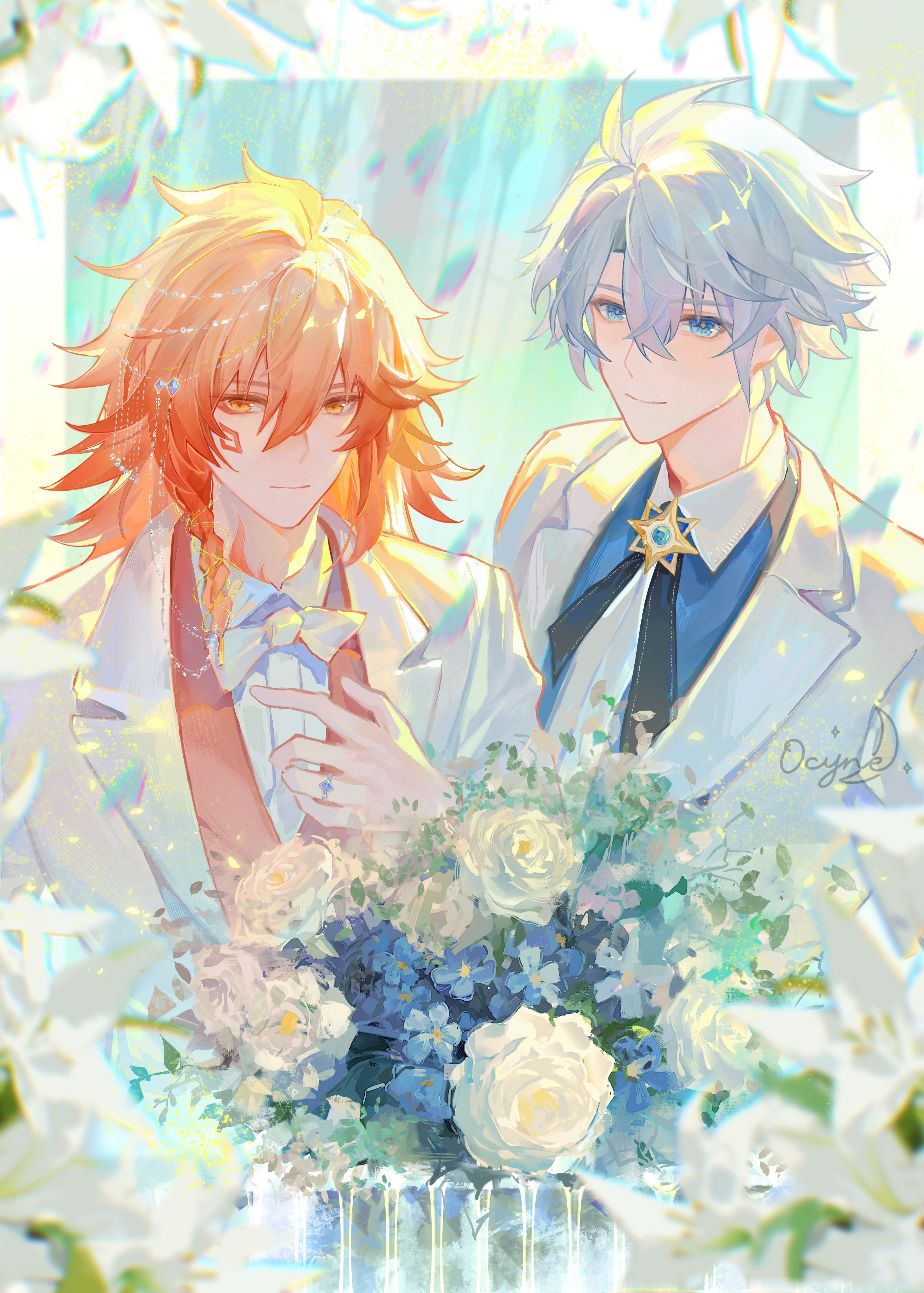 yuqiu777, mydei (honkai: star rail), phainon (honkai: star rail), honkai: star rail, honkai (series), absurdres, chinese commentary, commentary request, highres, 2boys, antenna hair, artist name, blonde hair, blue eyes, blue shirt, bouquet, bow, braid, collared shirt, facial tattoo, flower, formal clothes, gradient hair, hair between eyes, jacket, male focus, medium hair, multicolored hair, multiple boys, neck tattoo, parted bangs, red hair, red tattoo, red vest, rose, shirt, short hair, side braid, suit, tattoo, vest, white bow, white flower, white hair, white jacket, white rose, white shirt, white suit, yellow eyes