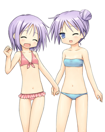 chaudlapin, hiiragi kagami, hiiragi tsukasa, lucky star, lowres, 00s, 2girls, bikini, holding hands, multiple girls, siblings, sisters, swimsuit, twins