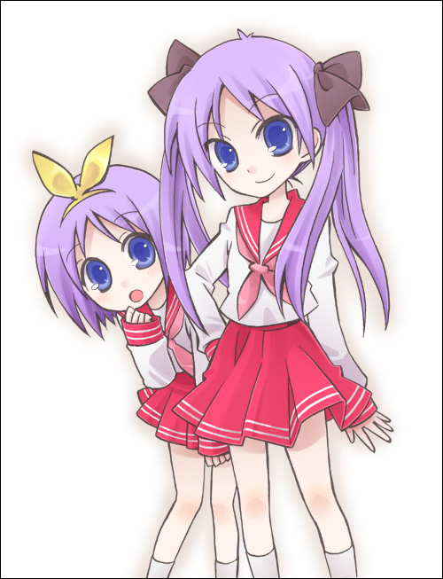 kamoi hayato, hiiragi kagami, hiiragi tsukasa, lucky star, white legwear, 00s, 2girls, :o, ascot, behind another, black border, blue eyes, border, bow, hair bow, hand on own hip, hand to own mouth, looking at viewer, multiple girls, neckerchief, peeking out, pink neckerchief, pink skirt, purple hair, school uniform, serafuku, short hair, siblings, sisters, skirt, smile, socks, standing, twins, twintails, white background