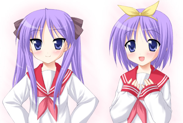 minamori noeru, hiiragi kagami, hiiragi tsukasa, lucky star, 00s, 2girls, hand on own chest, long hair, long sleeves, looking at viewer, multiple girls, neckerchief, pink neckerchief, purple eyes, purple hair, sailor collar, school uniform, serafuku, shirt, short hair, siblings, sidelocks, simple background, sisters, twins, twintails, upper body, white background, white shirt