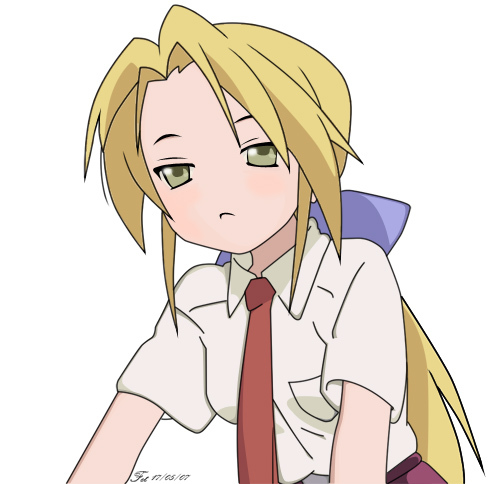 kuroi nanako, lucky star, lowres, tagme, 00s, blonde hair, blush, green eyes, hair ribbon, necktie, ribbon, staring, teacher
