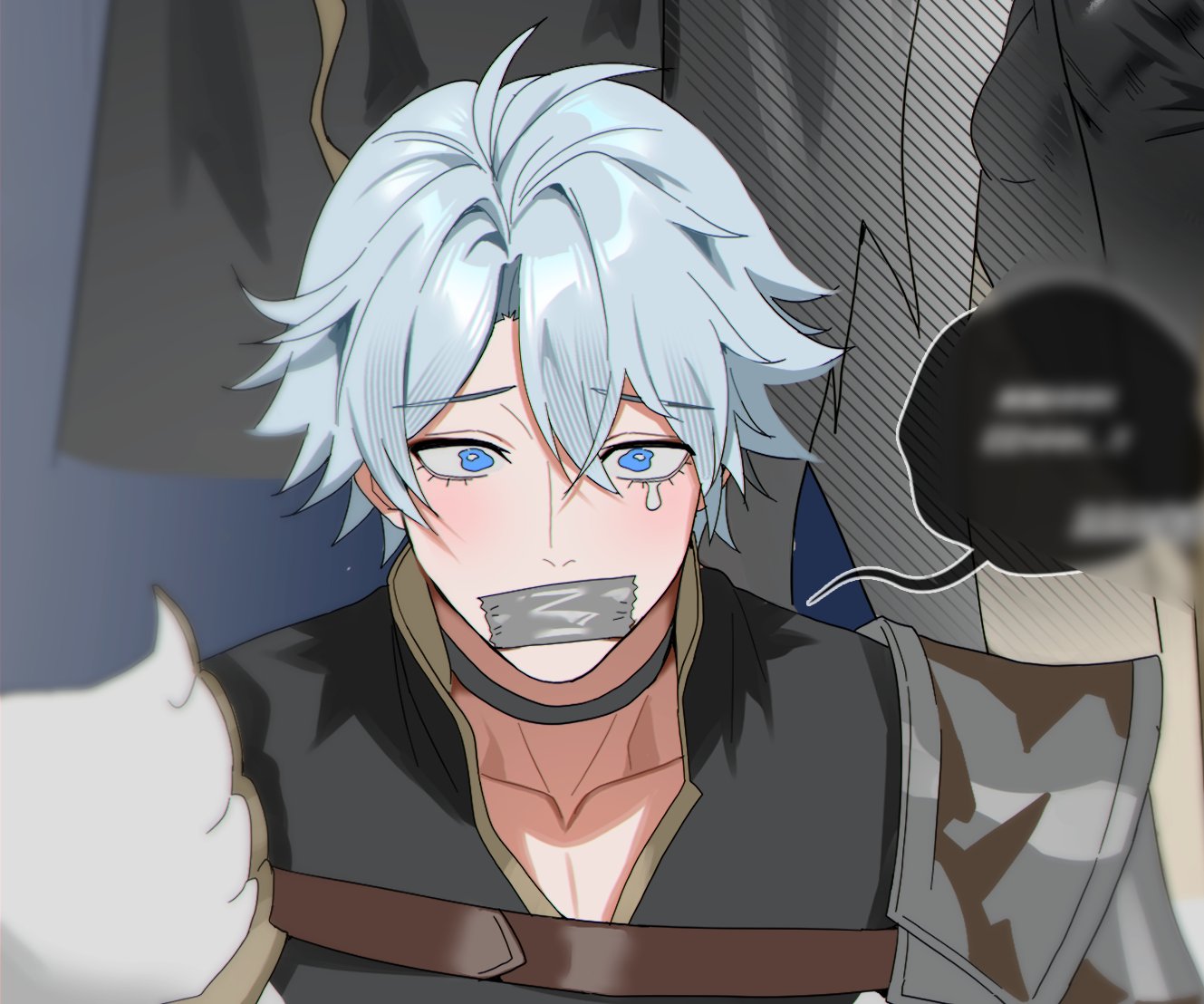 yoma 0 0, phainon (honkai: star rail), honkai: star rail, honkai (series), 1boy, antenna hair, armor, black choker, black shirt, blue eyes, blush, choker, gag, improvised gag, male focus, parted bangs, pauldrons, shirt, short hair, shoulder armor, single pauldron, solo, tape, tape gag, white hair