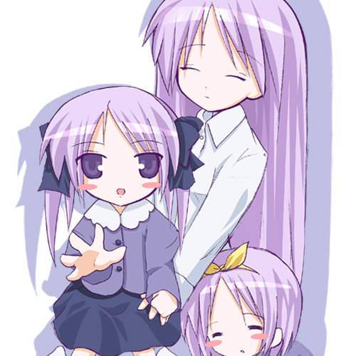 hiiragi kagami, hiiragi tsukasa, lucky star, lowres, tagme, 00s, 3girls, multiple girls, sisters, twins