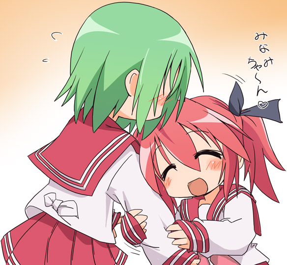 ixy, iwasaki minami, kobayakawa yutaka, lucky star, arm grab, translated, 00s, 1girl, :d, ^ ^, black ribbon, blush, bow, closed eyes, faceless, faceless female, flying sweatdrops, gradient background, green hair, hair between eyes, hair ribbon, happy, head tilt, heart, long sleeves, motion lines, open mouth, pink skirt, pleated skirt, red hair, ribbon, school uniform, serafuku, short hair, skirt, sleeves past wrists, smile, twintails, upper body, white bow, yuri
