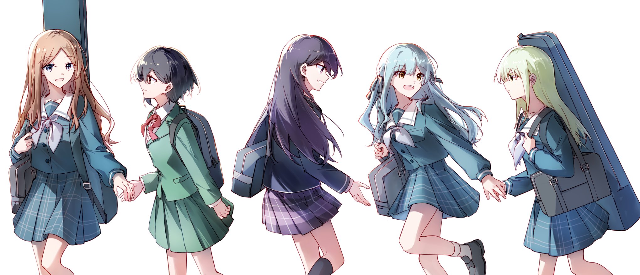 hibioes, nagasaki soyo, shiina taki, takamatsu tomori, togawa sakiko, wakaba mutsumi, bang dream!, bang dream! it's mygo!!!!!, highres, 5girls, backpack, bag, black bag, black hair, black jacket, black socks, blue eyes, blue hair, blue shirt, brown hair, closed mouth, crychic (bang dream!), green hair, green jacket, green skirt, grey hair, grey neckerchief, grey shoes, guitar case, haneoka school uniform, instrument case, instrument on back, jacket, kneehighs, long hair, long sleeves, multiple girls, neck ribbon, neckerchief, open mouth, plaid clothes, plaid skirt, pleated skirt, purple eyes, purple skirt, red ribbon, ribbon, school bag, school uniform, shirt, shoes, short hair, shoulder bag, sidelocks, simple background, skirt, smile, socks, teeth, tsukinomori school uniform, upper teeth only, white background, white shirt, white socks, yellow eyes