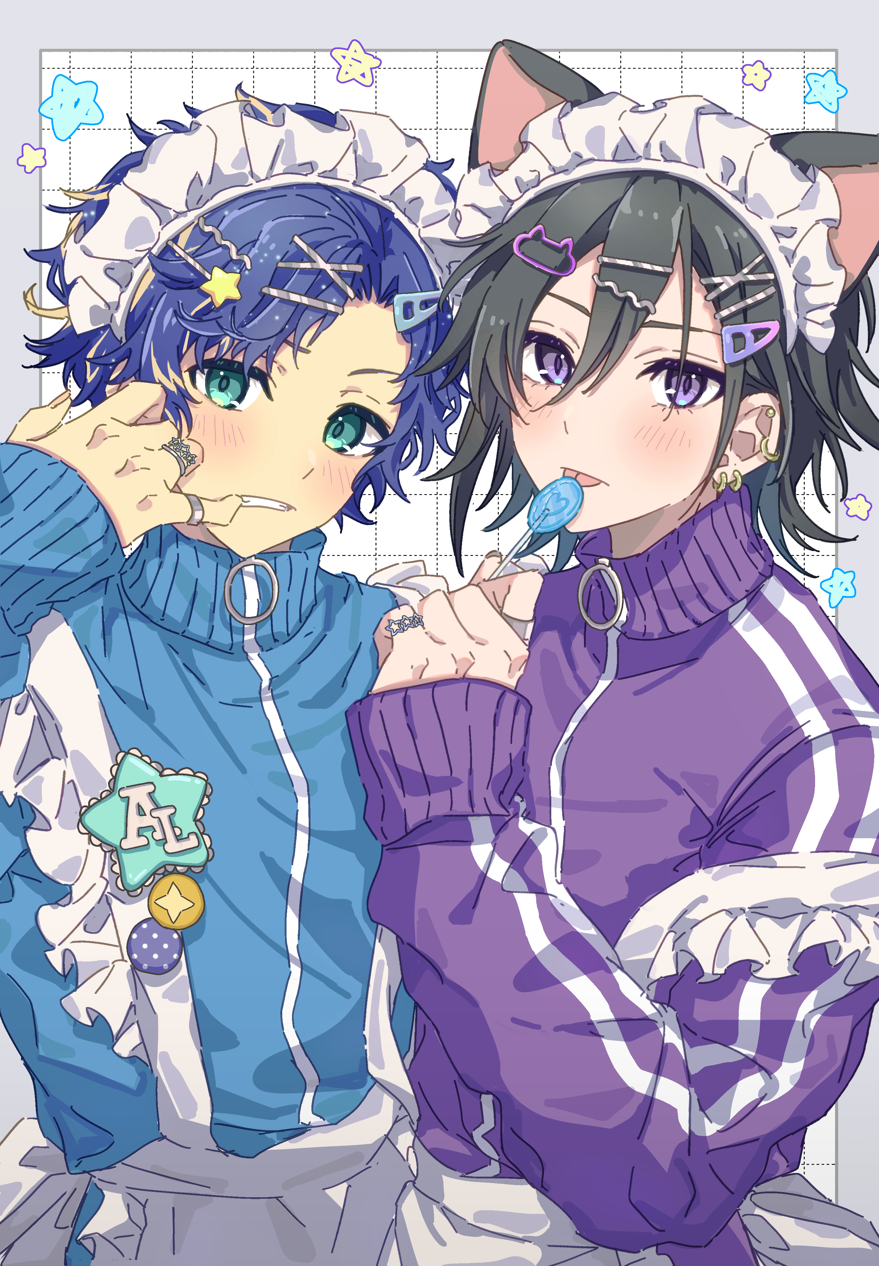 meroriimu, astel leda, kanade izuru, holostars, absurdres, highres, 2boys, alternate costume, animal ears, apron, aqua eyes, badge, black hair, blonde hair, blue hair, blue jacket, border, button badge, candy, cat ears, cat hair ornament, clenched teeth, crossdressing, crossdressing (mtf), ear piercing, earrings, enmaided, fake animal ears, finger in own mouth, food, frilled apron, frills, grey border, grid background, hair between eyes, hair ornament, hairclip, hand up, holding, holding candy, holding food, holding lollipop, jacket, jersey maid, jewelry, licking, light blush, lollipop, long sleeves, looking at viewer, maid, maid apron, maid headdress, male focus, male maid, multicolored hair, multiple boys, multiple rings, name tag, outside border, piercing, pinky ring, purple eyes, purple jacket, ring, short hair, side-by-side, sleeves past wrists, star (symbol), star hair ornament, star ring, strap slip, streaked hair, teeth, tongue, tongue out, track jacket, unconventional maid, upper body, virtual youtuber, white apron, white background, x hair ornament