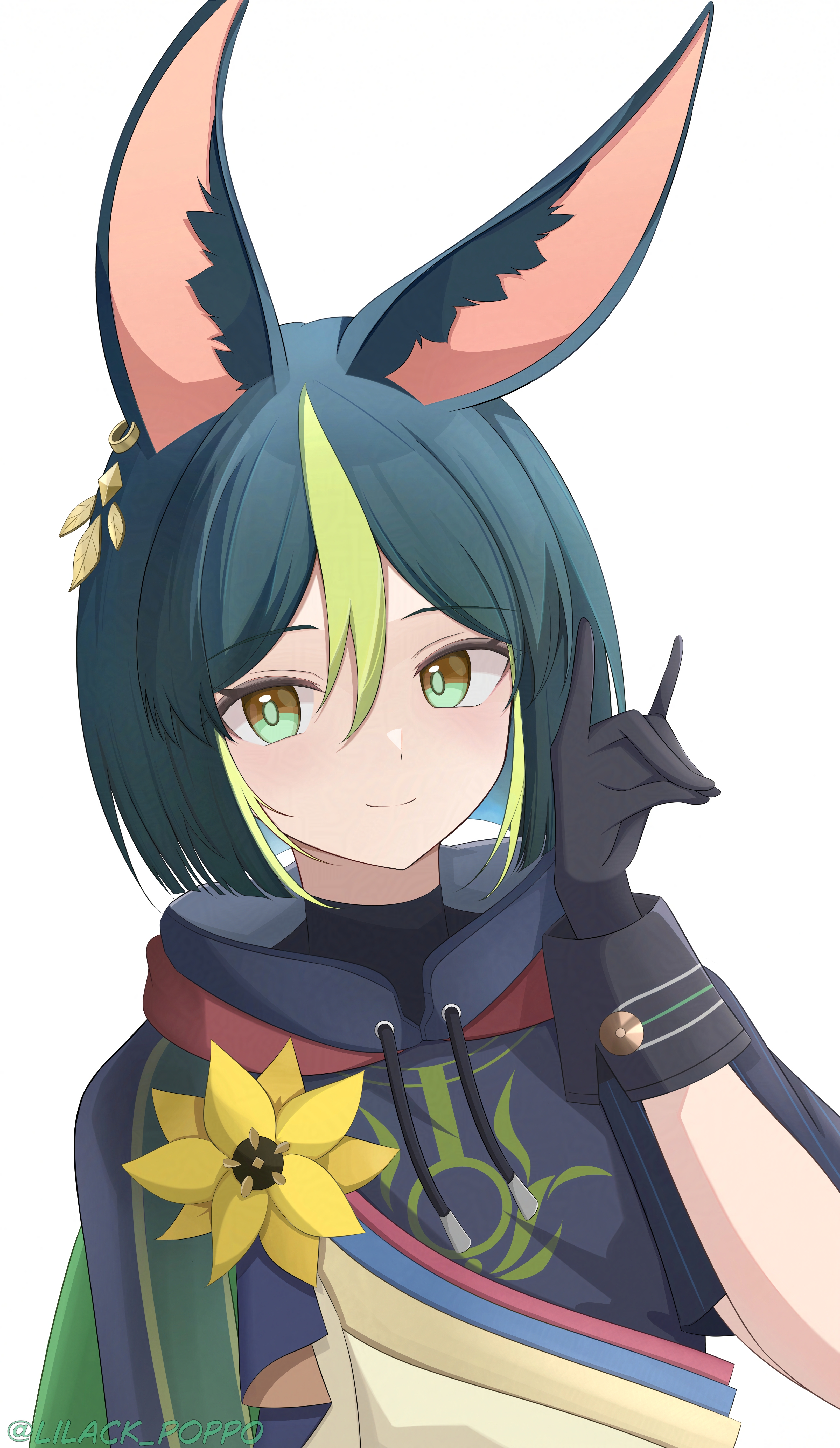 lilack gg, tighnari (genshin impact), genshin impact, absurdres, commentary request, highres, 1boy, animal ear fluff, animal ears, black gloves, black hair, brown eyes, closed eyes, drawstring, flower, fox boy, fox ears, fox shadow puppet, gloves, green eyes, green streaks, hair between eyes, hand up, hood, hood down, male focus, medium hair, multicolored eyes, multicolored hair, simple background, smile, solo, streaked hair, two-tone eyes, white background, yellow flower
