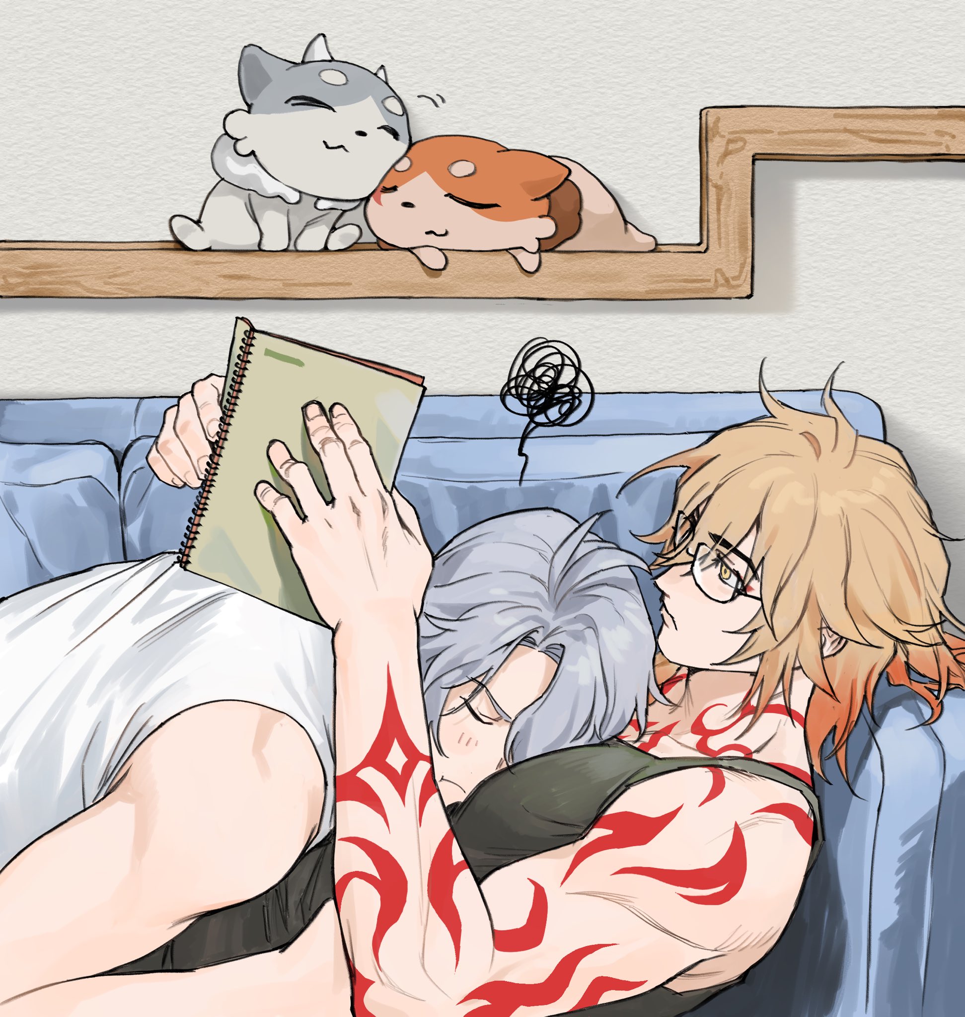 mydei (honkai: star rail), phainon (honkai: star rail), phainon (vigethos) (honkai: star rail), honkai: star rail, honkai (series), commentary, highres, symbol-only commentary, 2boys, antenna hair, arm tattoo, between pectorals, black tank top, blonde hair, braid, chest tattoo, chimera (honkai: star rail), closed eyes, couch, facial tattoo, glasses, gradient hair, hair between eyes, holding, holding notebook, lingling3870, lying, male focus, medium hair, multicolored hair, multiple boys, mydei (fig stew) (honkai: star rail), notebook, on back, on couch, pectorals, red hair, red tattoo, short hair, side braid, squiggle, tank top, tattoo, white hair, white tank top, yaoi, yellow eyes