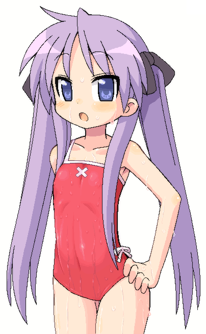 minami juujisei, hiiragi kagami, lucky star, 00s, 1girl, :o, blush, female focus, hair ribbon, long hair, oekaki, one-piece swimsuit, open mouth, ribbon, simple background, solo, standing, swimsuit, tsurime, wet, white background