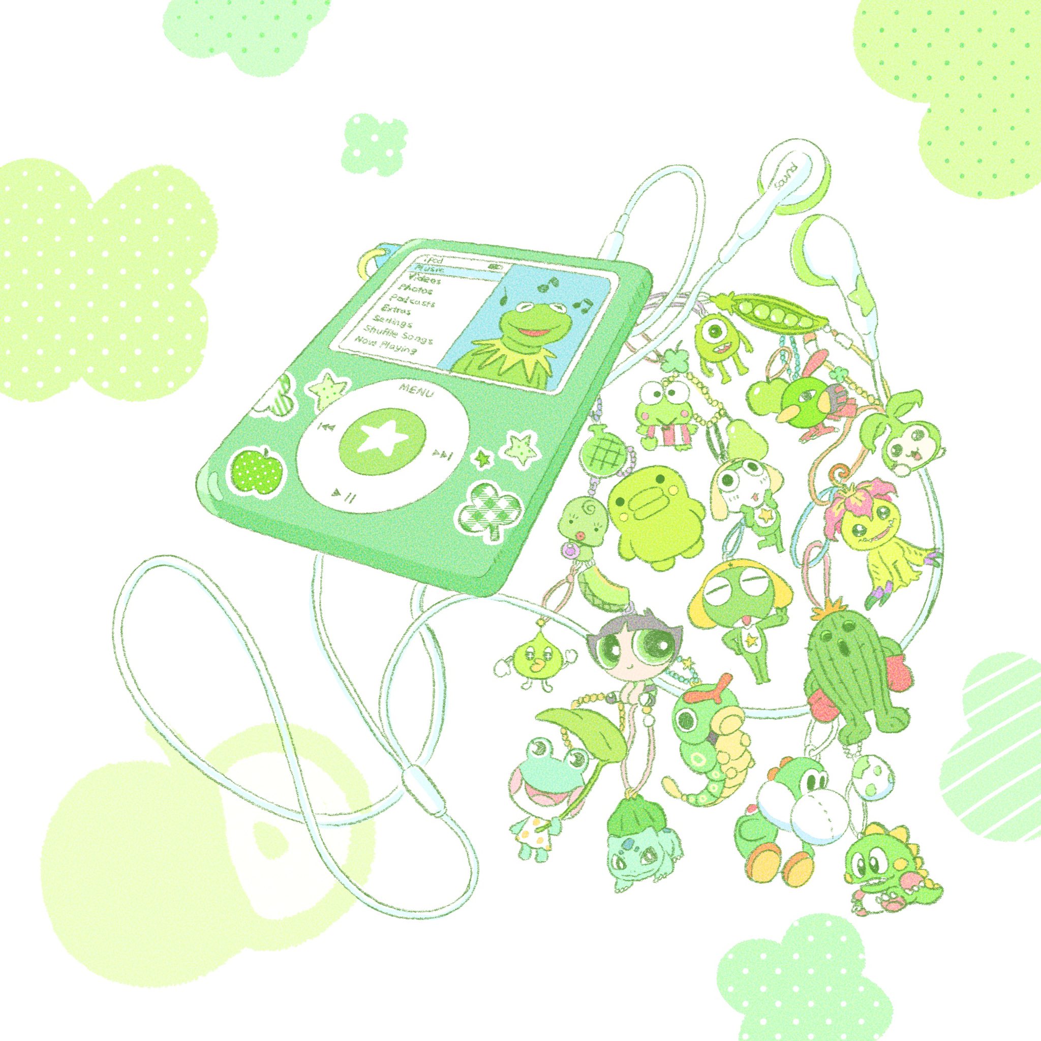 summernight 12, bulbasaur, buttercup (ppg), caterpie, hasunoue keroppi, kermit the frog, keroro, kuchipatchi, lily (animal crossing), mike wazowski, natu, yoshi, animal crossing, kero kero keroppi, keroro gunsou, mario (series), monsters inc., muppets, nintendo, pokemon, powerpuff girls, sanrio, tamagotchi, character request, commentary, copyright request, highres, symbol-only commentary, apple, beamed eighth notes, cable, character charm, charm (object), clover, digital media player, earbuds, earphones, eighth note, english text, food, food charm, fruit, gen 1 pokemon, gen 2 pokemon, green theme, ipod, ipod classic, melon, musical note, pause button, pear, peas, play button, pokemon (creature), quarter note, star (symbol), sticker, white background, yoshi egg