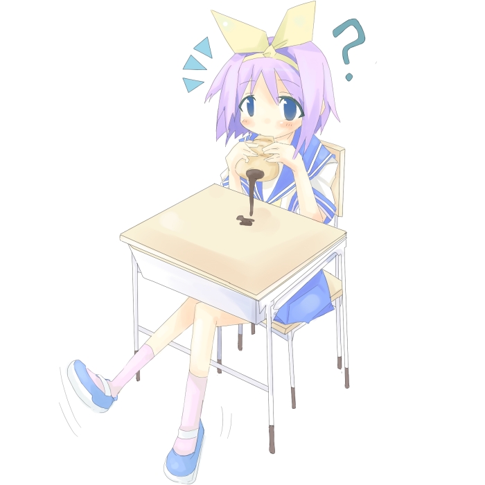 kanikama, hiiragi tsukasa, lucky star, 00s, chocolate cornet, desk, food, school uniform, serafuku, solo
