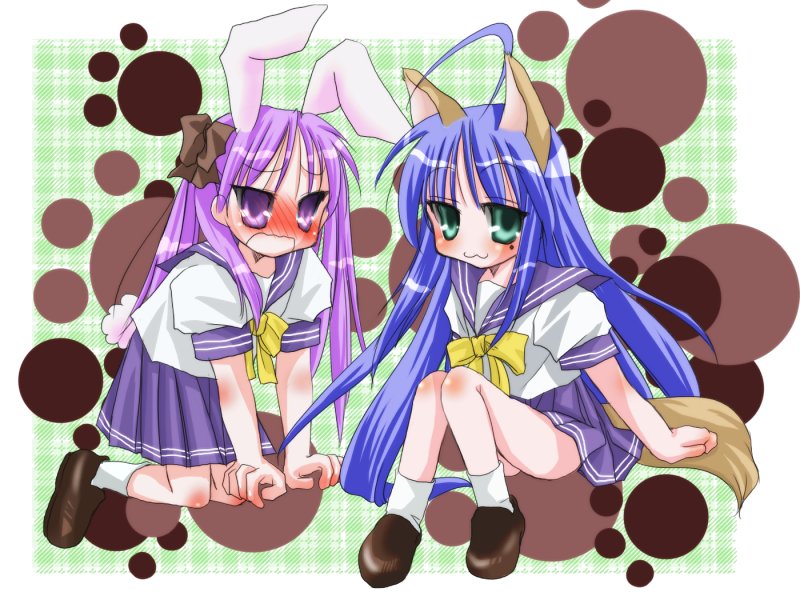 hiiragi kagami, izumi konata, lucky star, 00s, animal ears, blush, cat ears, cat tail, rabbit ears, school uniform, serafuku, tail