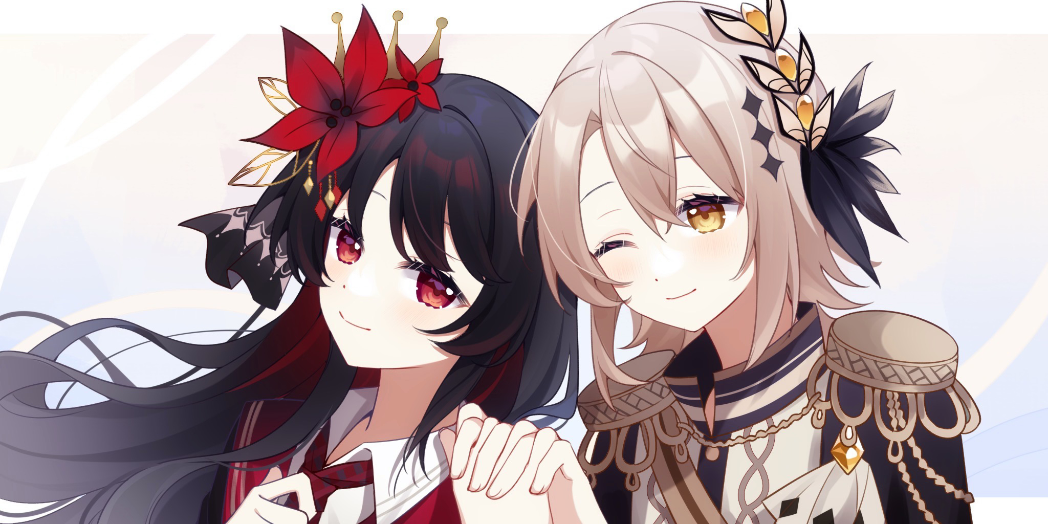 nikaidou hiro, mahou shoujo no majo saiban, artist request, chinese commentary, commentary request, commission, highres, lossy-lossless, second-party source, 2girls, black hair, black jacket, blonde hair, closed mouth, collared shirt, crown, epaulettes, flower, hair between eyes, hair flower, hair ornament, hands up, hasumi reia, holding hands, interlocked fingers, jacket, long hair, looking at another, looking at viewer, magical girl, multiple girls, necktie, one eye closed, red eyes, red flower, red necktie, sash, shirt, short hair, shoulder sash, smile, upper body, white shirt, yellow eyes