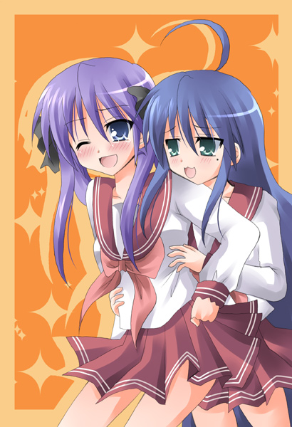 kokonogi kisara, hiiragi kagami, izumi konata, lucky star, 00s, 2girls, multiple girls, school uniform, serafuku, yuri