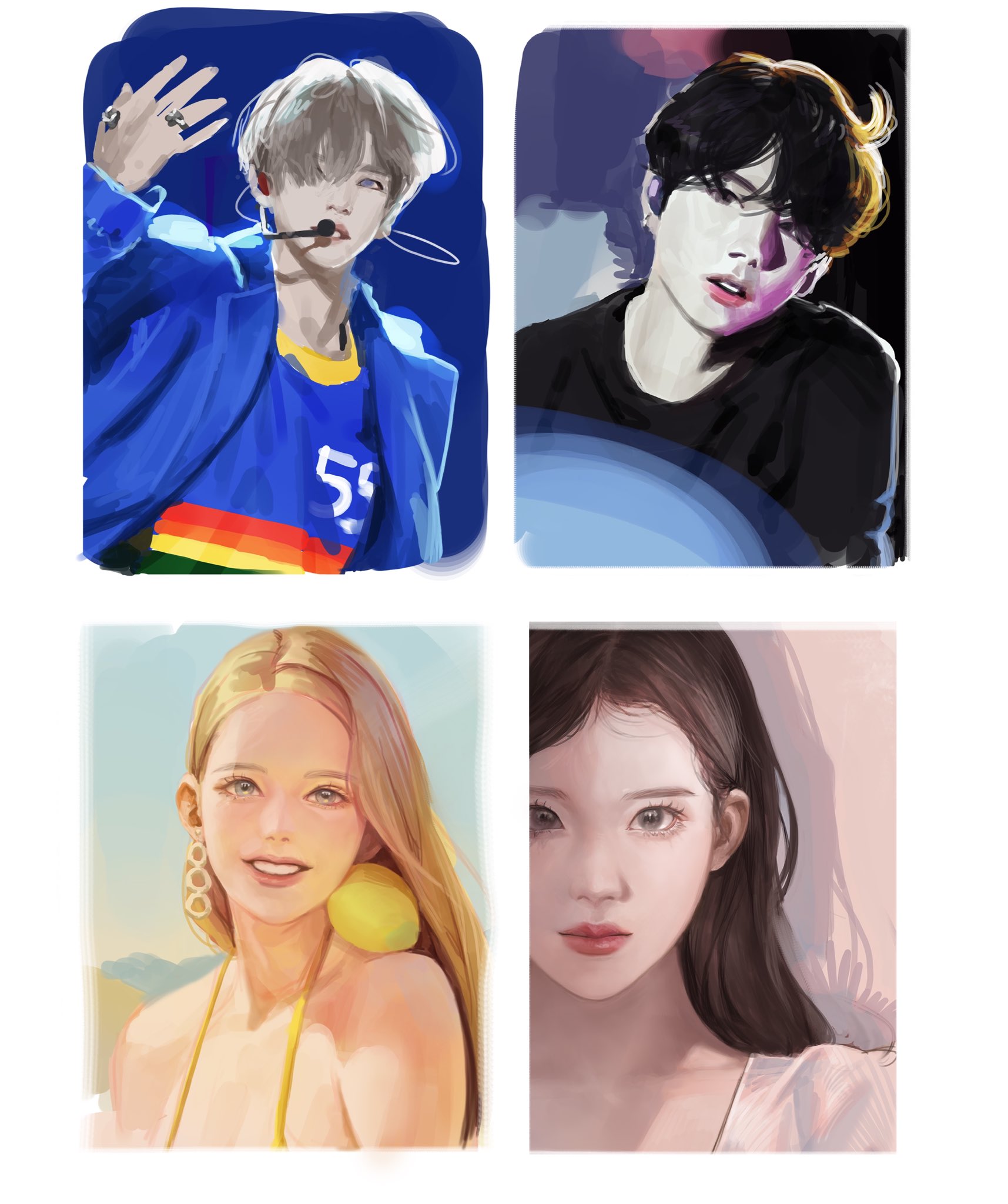 real life, highres, 2boys, 2girls, bare shoulders, earrings, jewelry, jkml, k-pop, multiple boys, multiple girls, open mouth, red lips, ring, shadow