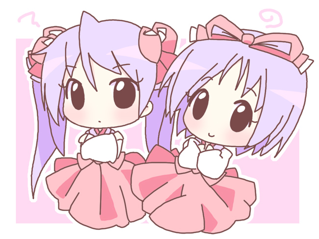 mirai (sugar), hiiragi kagami, hiiragi tsukasa, lucky star, 00s, chibi, purple hair, siblings, sisters, twins