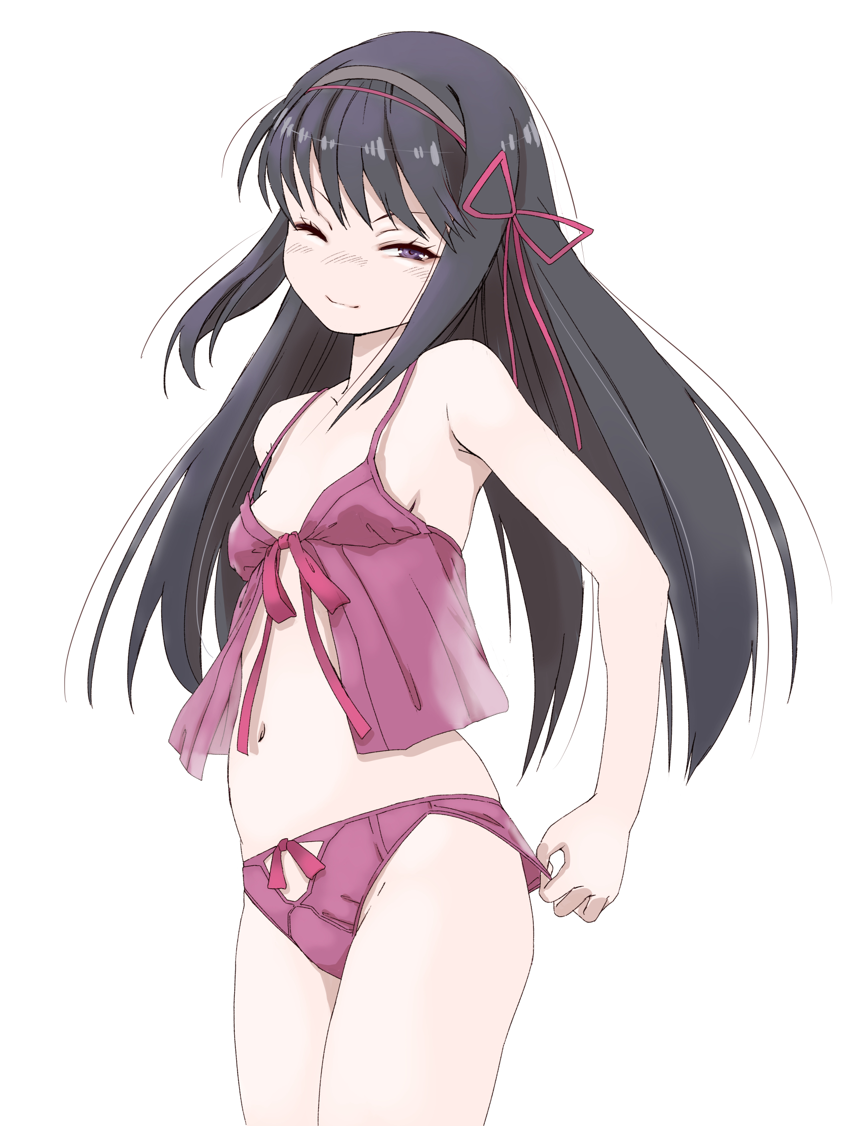 marutaya, akemi homura, mahou shoujo madoka magica, mahou shoujo madoka magica (anime), commentary, highres, 1girl, babydoll, black hair, black hairband, bow, bow panties, breasts, closed eyes, closed mouth, clothing cutout, crotch cutout, hair ribbon, hairband, lingerie, long hair, one eye closed, panties, panty pull, purple babydoll, purple eyes, purple panties, red ribbon, ribbon, simple background, small breasts, solo, thighs, underwear, underwear only, white background