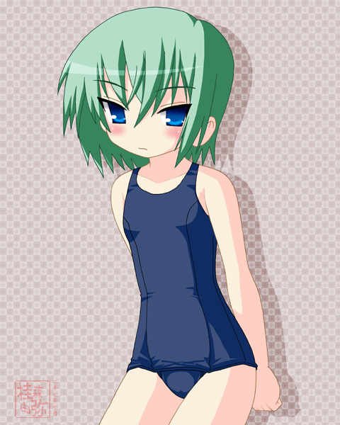 neopure, iwasaki minami, lucky star, 00s, 1girl, bare shoulders, blue eyes, blush, blush stickers, breasts, closed mouth, female focus, green hair, legs, medium hair, one-piece swimsuit, school swimsuit, small breasts, solo, standing, swimsuit