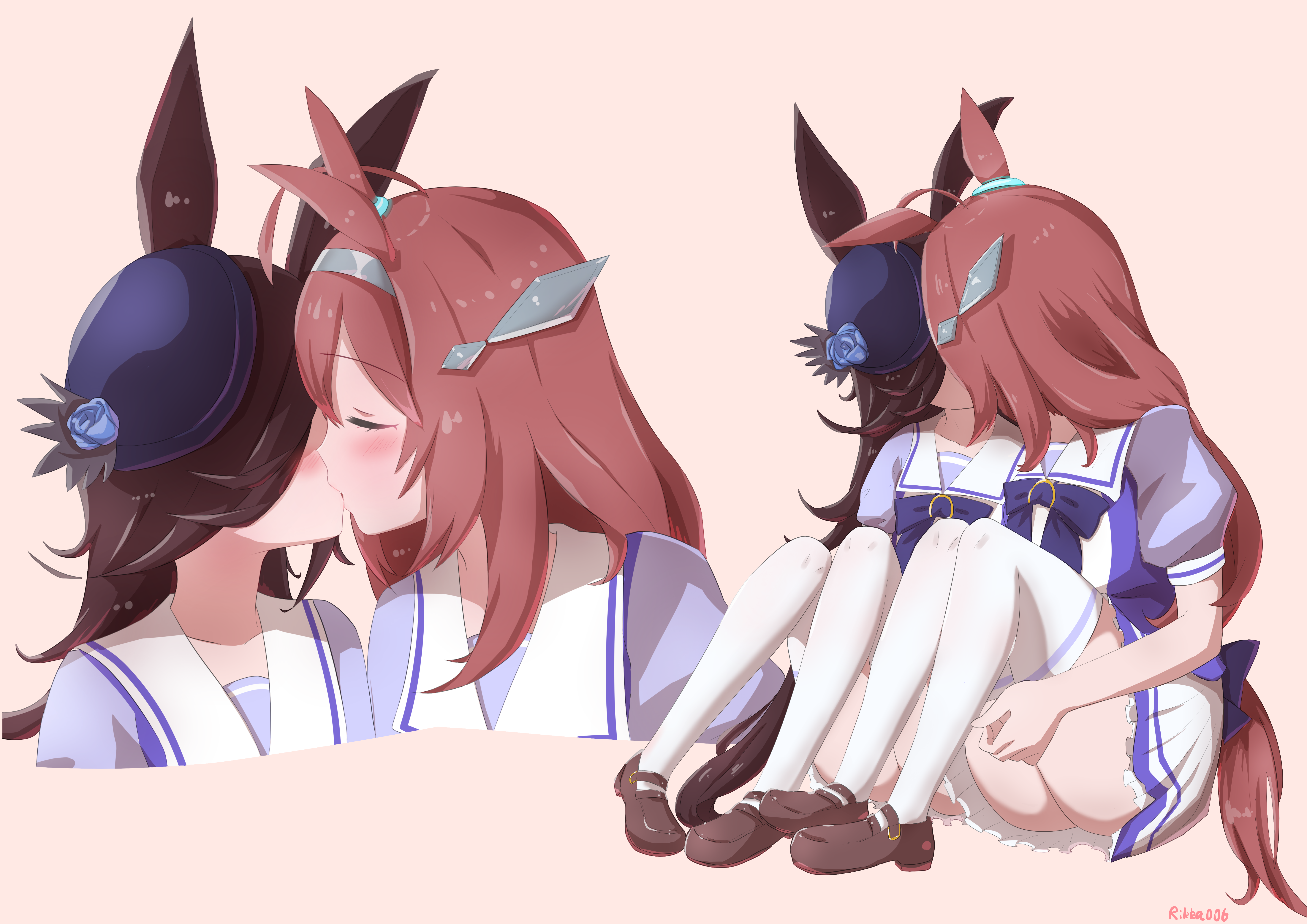 rikka006, mihono bourbon (umamusume), rice shower (umamusume), umamusume, absurdres, highres, 2girls, ahoge, animal ears, black hair, blue flower, blush, brown hair, ear ornament, flower, hair ornament, hair over one eye, hairband, hairclip, hat, hat flower, horse ears, horse girl, horse tail, kiss, long hair, multiple girls, red hair, rose, school uniform, shoes, signature, simple background, sitting, tail, thighhighs, tracen school uniform, yuri