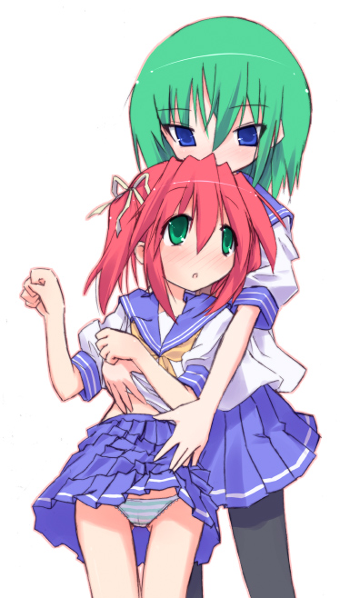 kuroba u, iwasaki minami, kobayakawa yutaka, lucky star, 00s, 2girls, multiple girls, panties, pantyhose, school uniform, serafuku, striped clothes, striped panties, underwear, yuri